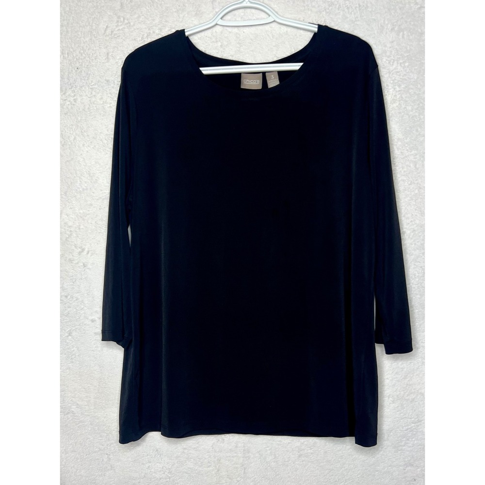 Chicos Travelers Black Scoop Neck 3/4 Sleeve Top Size 3 Large XL